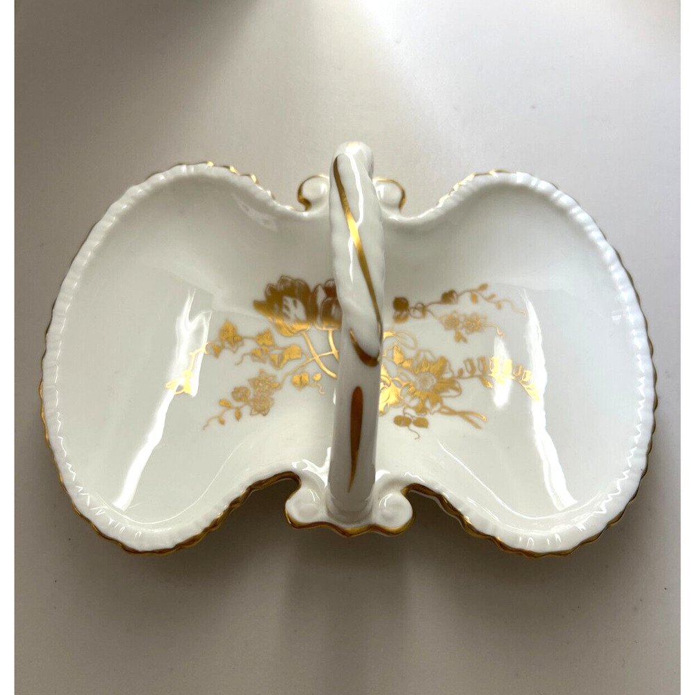 Hammersley & Co. Bone China Gold Floral Candy Nut Dish Handle Gold Trim MCM
